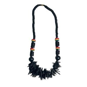VINTAGE Tribal Statement Black Chunky Coconut Wood Beaded Necklace 24”